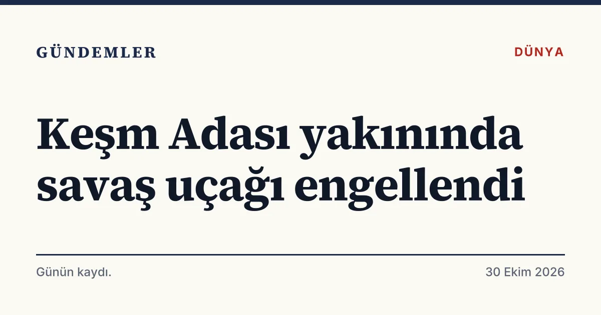 Keşm Adası yakınında İran basınının bildirdiği savaş uçağı müdahalesini anlatan tipografik haber kartı